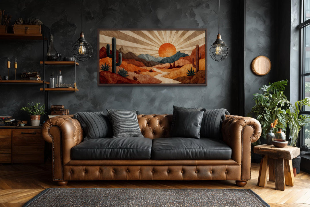 Mid Century Modern desert landscape canvas print with a retro sunset in warm earth tones.