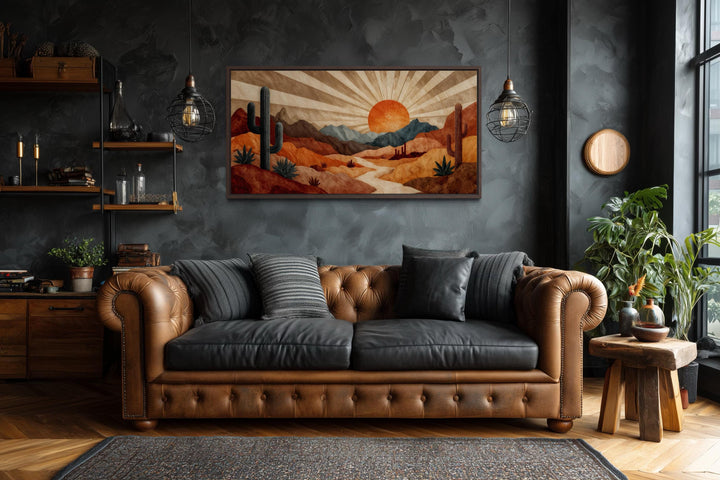Mid Century Modern desert landscape canvas print with a retro sunset in warm earth tones.