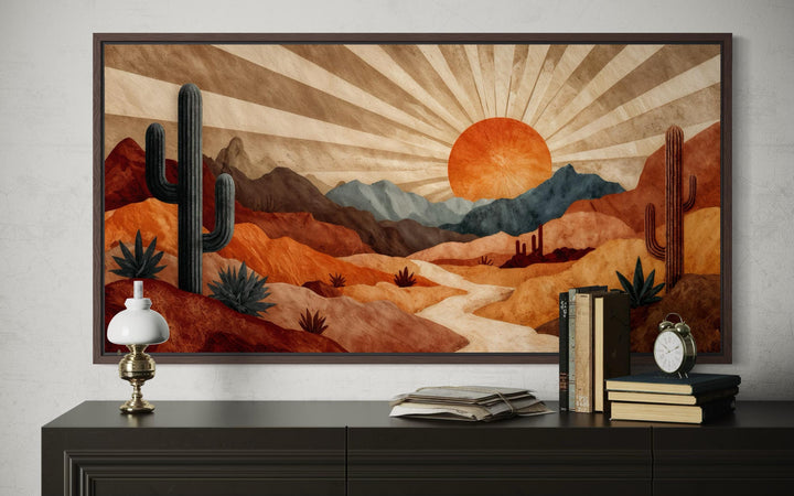 Mid-century modern desert landscape wall art featuring a retro sunset in warm earth tones.