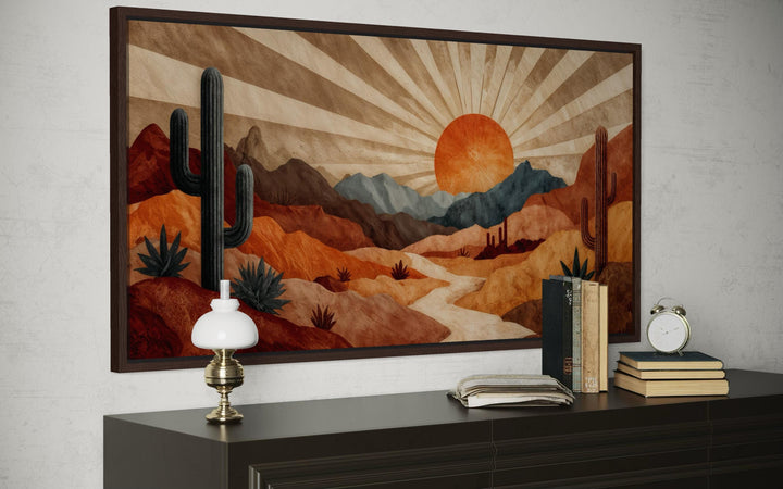 Mid century modern desert landscape canvas print with a retro sunset in warm earth tones.