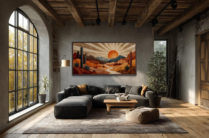 Mid-century modern desert landscape canvas print featuring a retro sunset in warm earth tones.