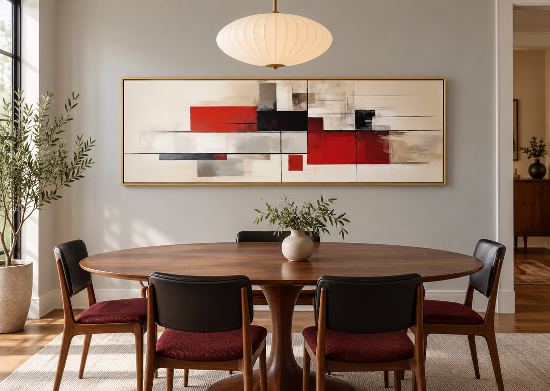 Large horizontal abstract canvas print with red, black, and beige geometric shapes in a gold frame.