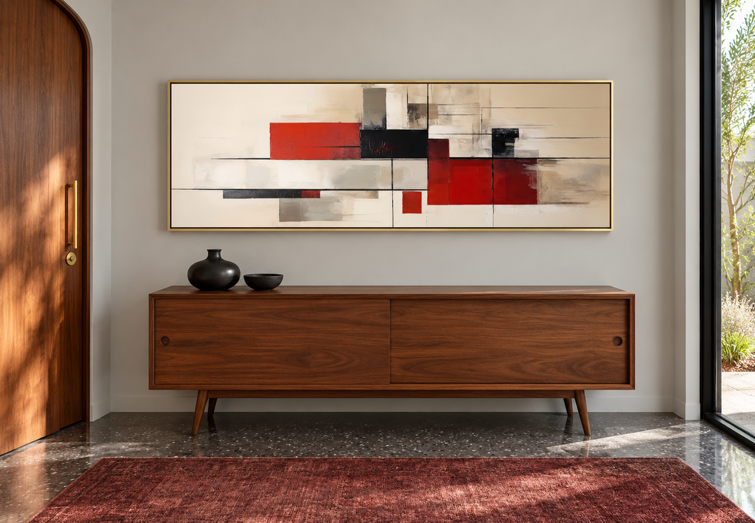 Large mid-century modern abstract canvas print with red, beige, and black geometric shapes.