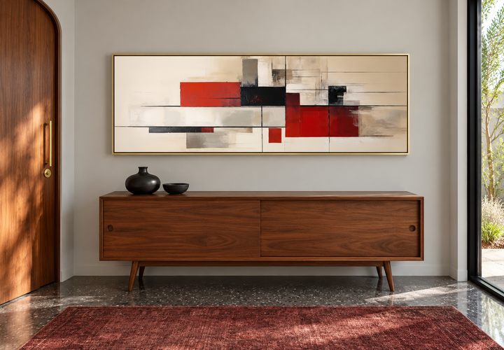 Large mid-century modern abstract canvas print with red, beige, and black geometric shapes.
