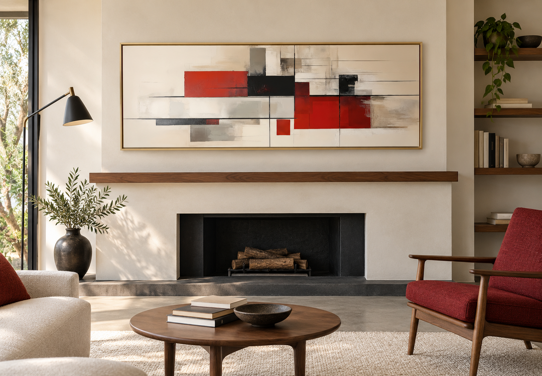 Large horizontal abstract canvas print with red, black, and beige geometric shapes in a gold frame.