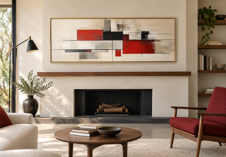 Large horizontal abstract canvas print with red, black, and beige geometric shapes in a gold frame.