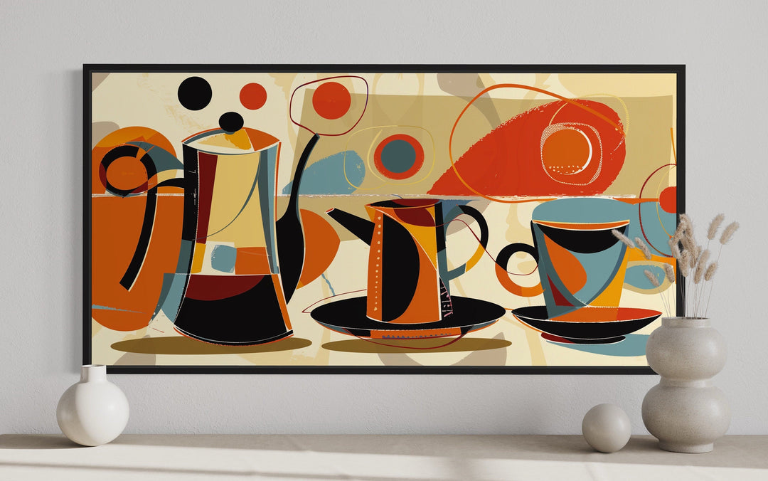 Mid Century Modern Wall Art – Framed Coffee Pot Painting | Retro Kitchen Decor Canvas
