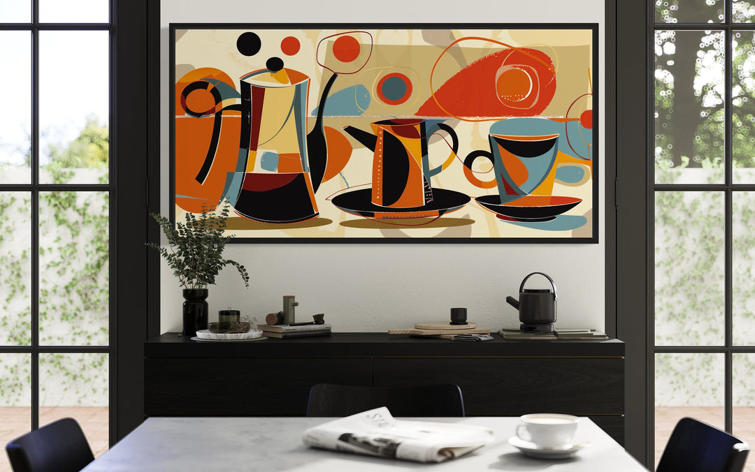 Mid Century Modern Wall Art – Framed Coffee Pot Painting | Retro Kitchen Decor Canvas