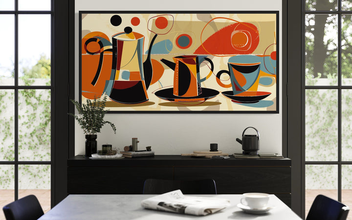 Mid Century Modern Wall Art – Framed Coffee Pot Painting | Retro Kitchen Decor Canvas