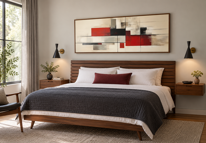 Large abstract mid century modern canvas wall art with red, beige, and black geometric shapes.