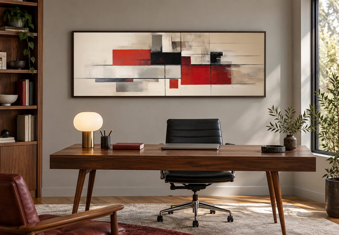 Large mid century modern abstract canvas print with red, beige, and black geometric shapes.