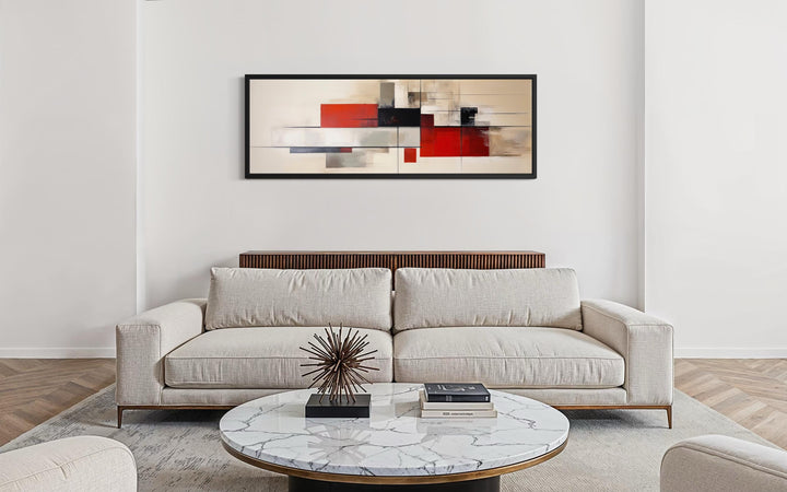 Large abstract mid-century modern canvas print with red, beige, and black geometric shapes.