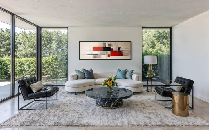 Large horizontal abstract canvas print with red, black, and beige geometric shapes on a white wall.