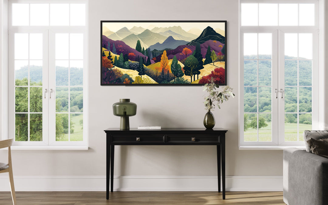 Mid Century Modern Wall Art – Large Mountain Landscape Canvas Print in Purple Yellow