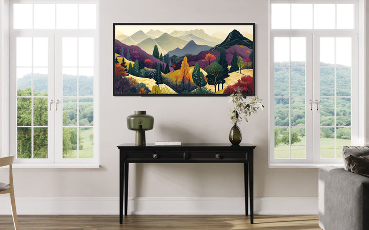 Mid Century Modern Wall Art – Large Mountain Landscape Canvas Print in Purple Yellow