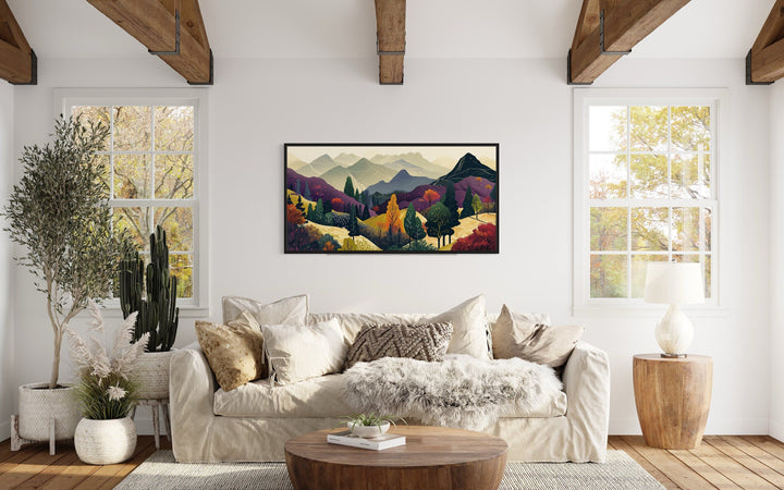 Mid Century Modern Wall Art – Large Mountain Landscape Canvas Print in Purple Yellow