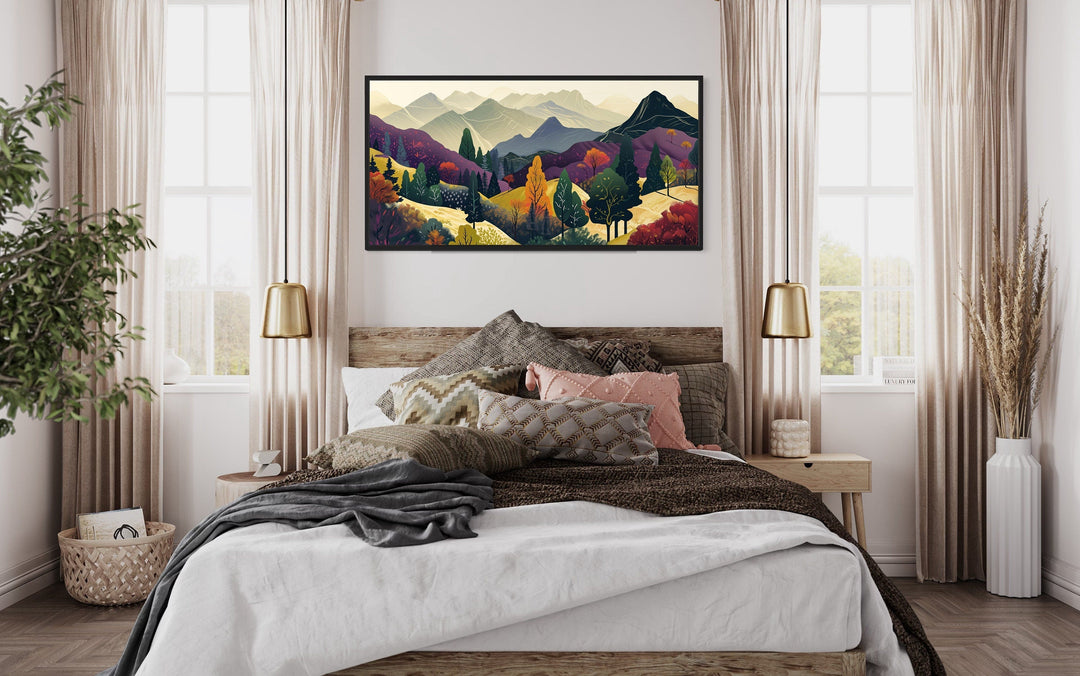 Mid Century Modern Wall Art – Large Mountain Landscape Canvas Print in Purple Yellow