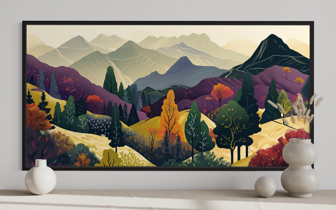 Mid Century Modern Wall Art – Large Mountain Landscape Canvas Print in Purple Yellow