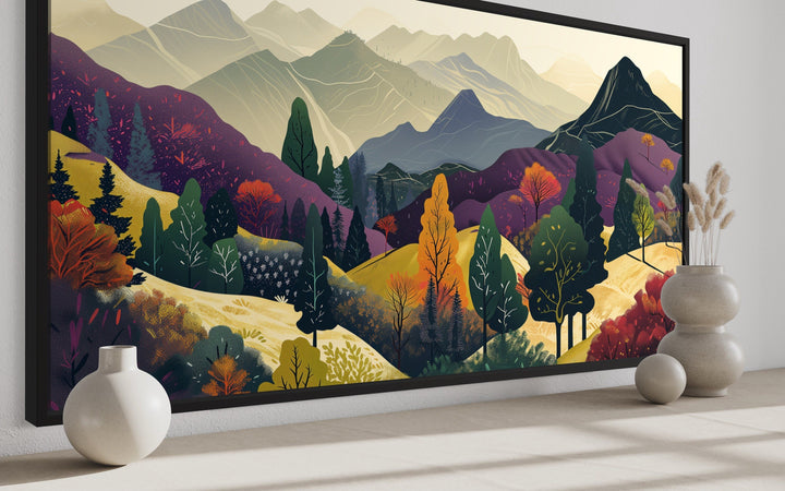 Mid Century Modern Wall Art – Large Mountain Landscape Canvas Print in Purple Yellow