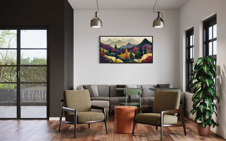 Mid Century Modern Wall Art – Large Mountain Landscape Canvas Print in Purple Yellow