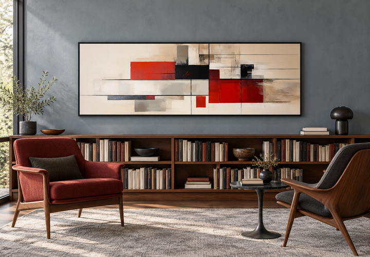 Large mid century modern abstract canvas print with red, beige, and black geometric shapes.