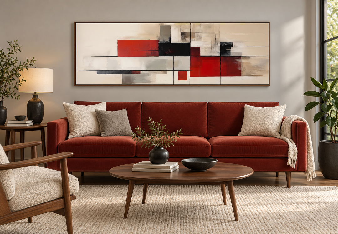 Large mid century modern abstract canvas wall art with red, black, and beige geometric shapes.