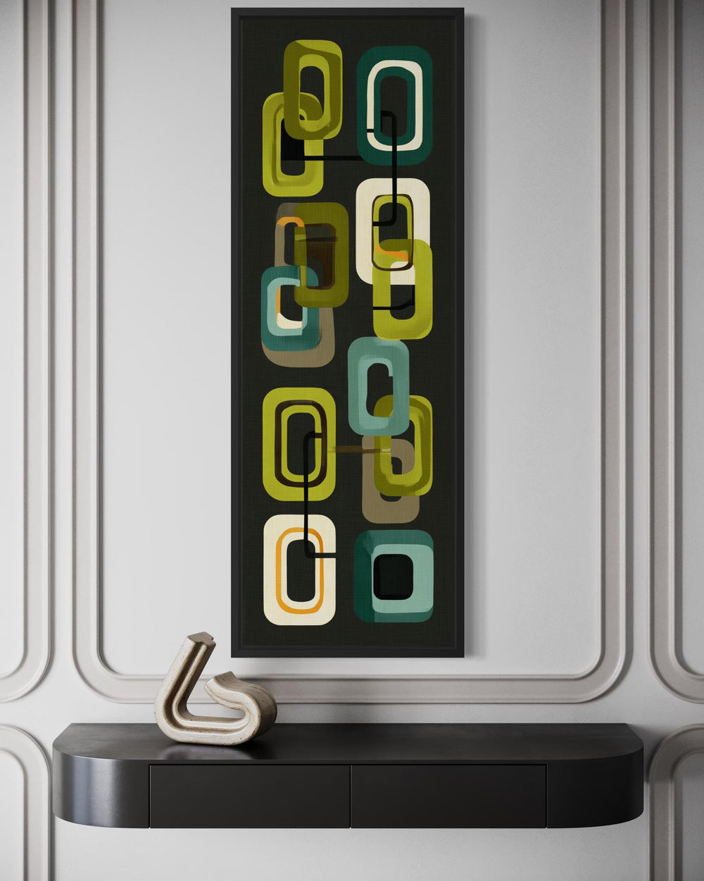Mid-century modern vertical canvas print featuring retro green and yellow geometric shapes.