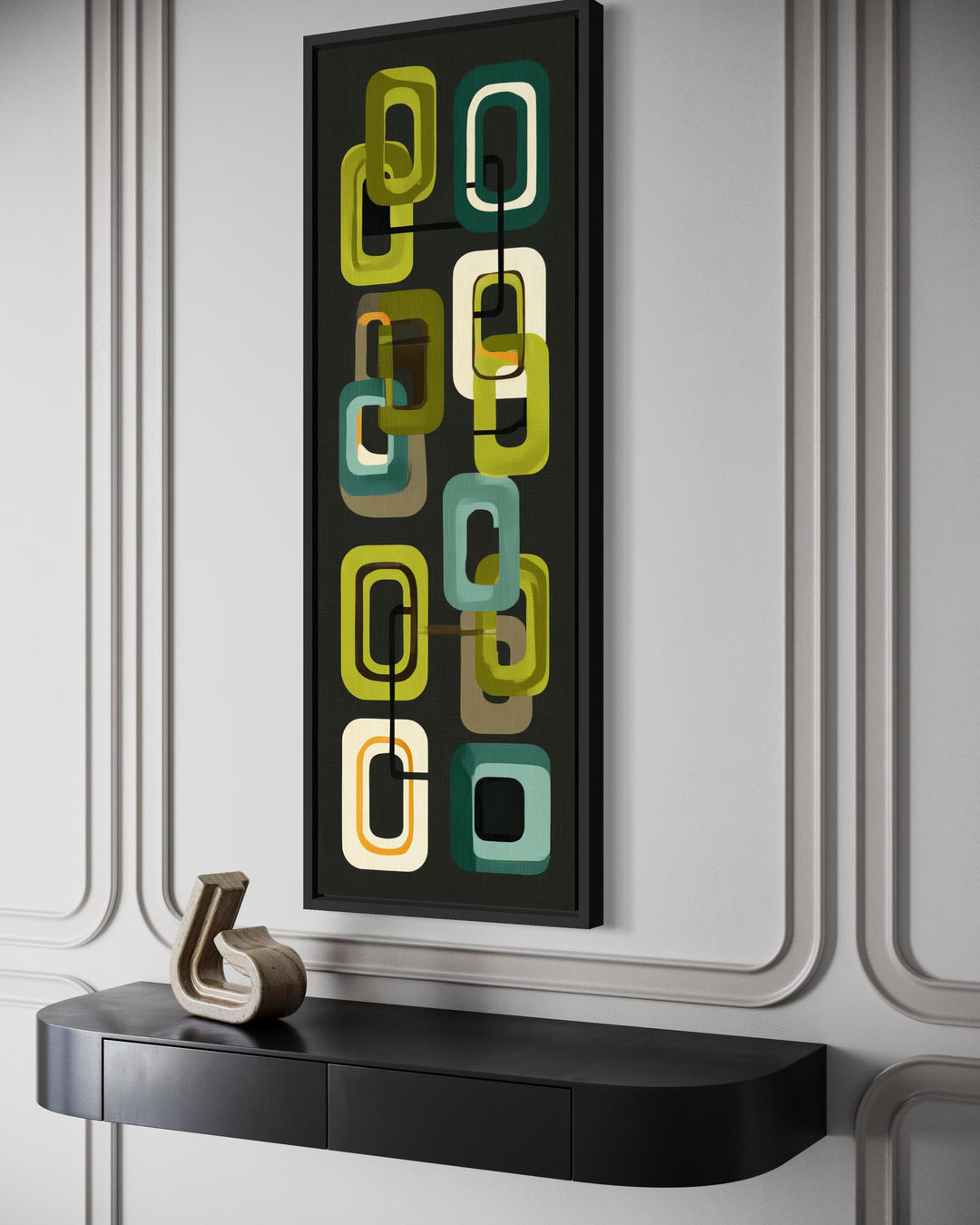 Mid-century modern vertical canvas print featuring retro green and yellow geometric shapes.