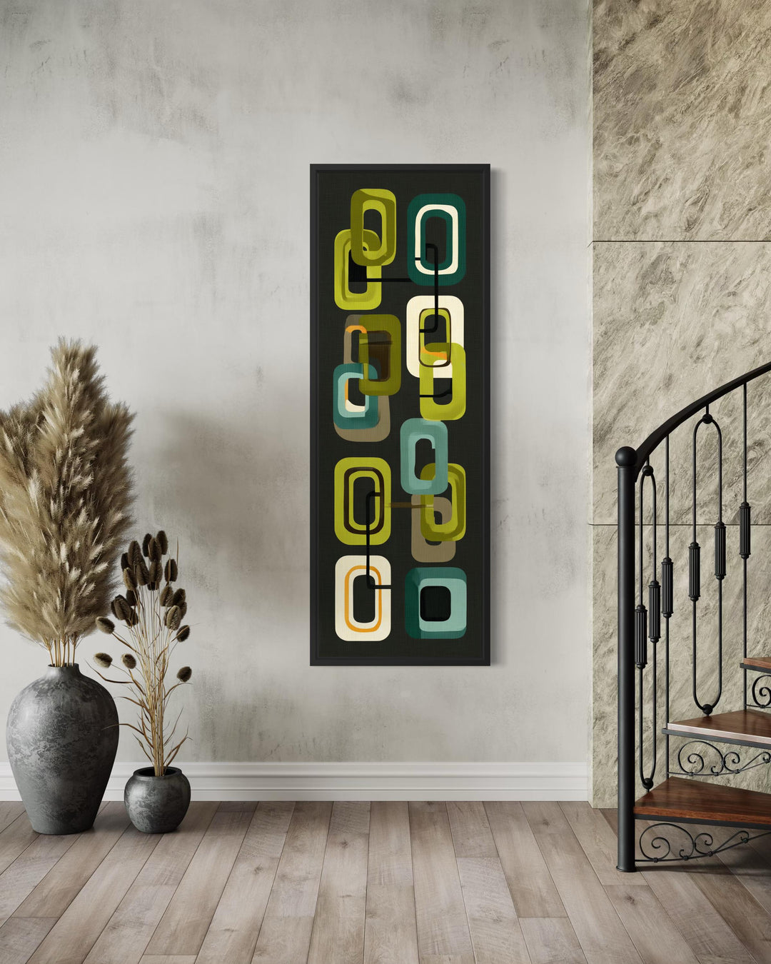 Vertical canvas print featuring retro green and yellow geometric shapes in a mid-century modern style.