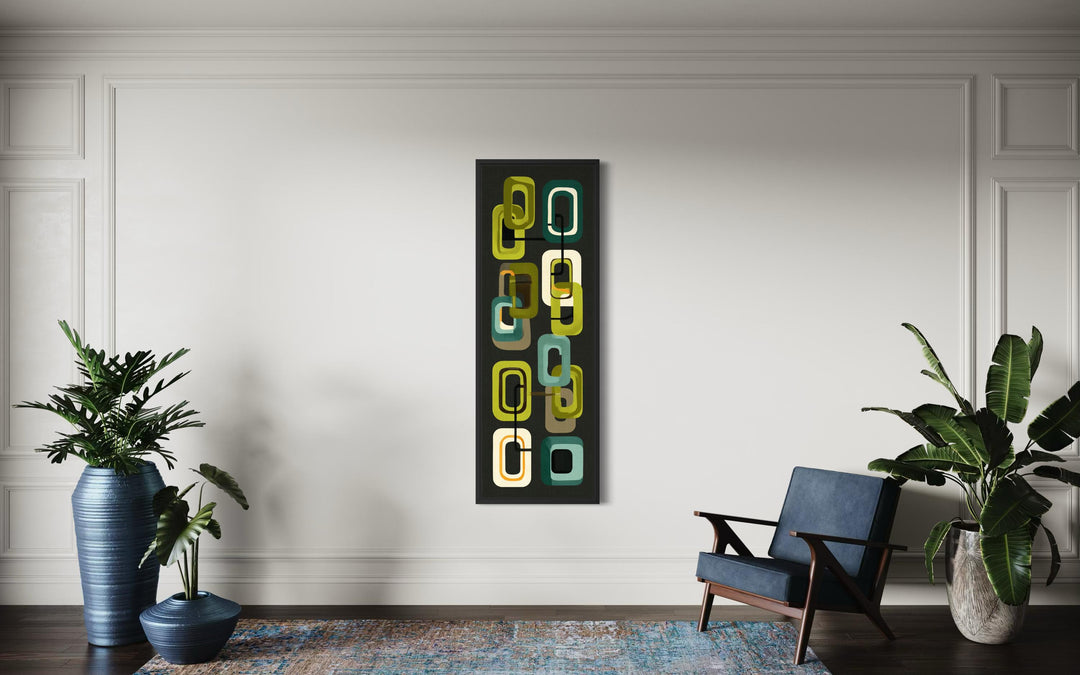Mid Century Modern Wall Art featuring a retro green geometric vertical canvas print on a white wall.