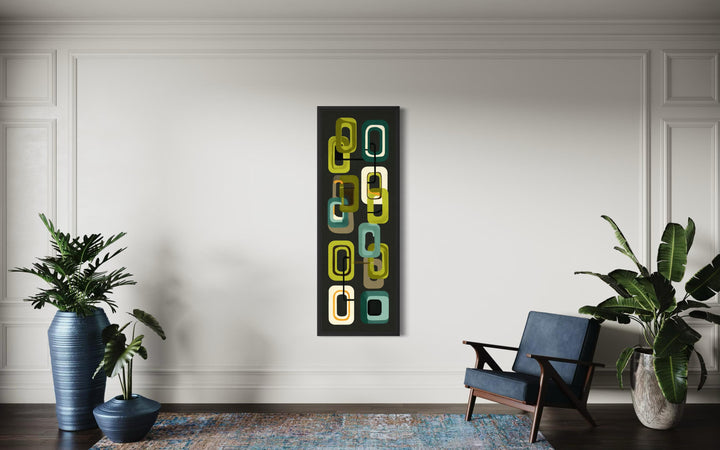 Mid Century Modern Wall Art featuring a retro green geometric vertical canvas print on a white wall.