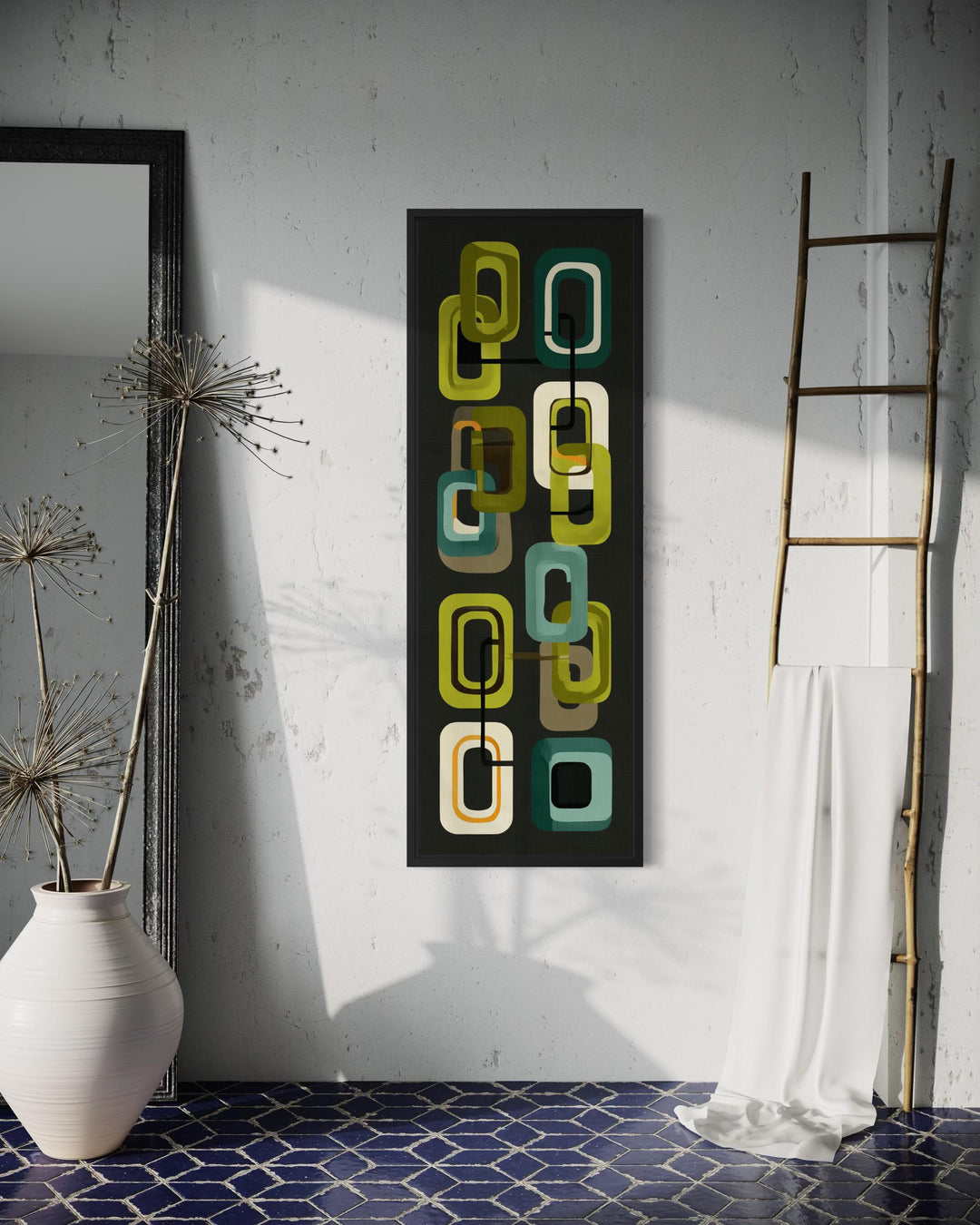 Vertical mid-century modern canvas print with retro green and yellow geometric shapes on a dark wall.