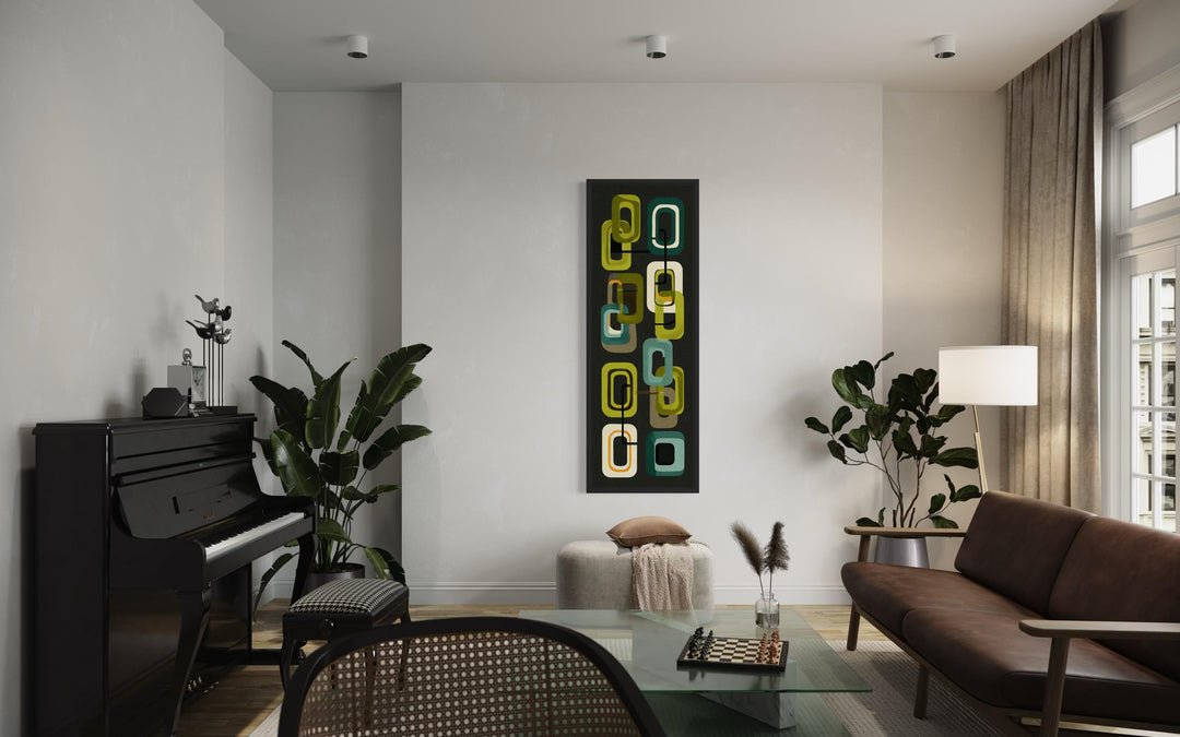 A vertical mid-century modern canvas print with retro green geometric shapes on a dark background.