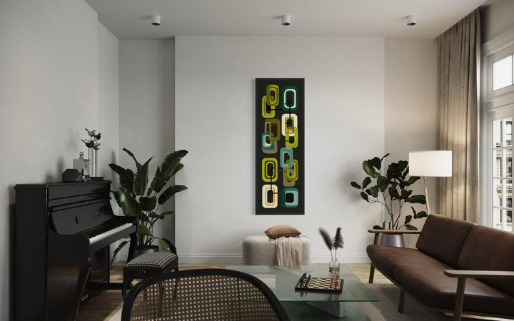 A vertical mid-century modern canvas print with retro green geometric shapes on a dark background.