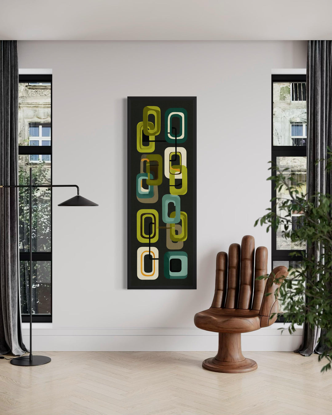 Vertical canvas print featuring a retro green geometric pattern in a mid-century modern room.