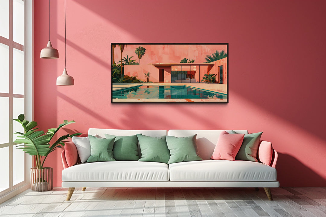 Mid Century Modern Wall Art – Retro House Print on Canvas with Green Pink Painting