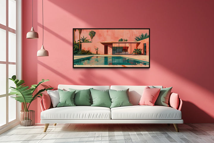 Mid Century Modern Wall Art – Retro House Print on Canvas with Green Pink Painting