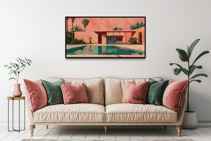Mid Century Modern Wall Art – Retro House Print on Canvas with Green Pink Painting