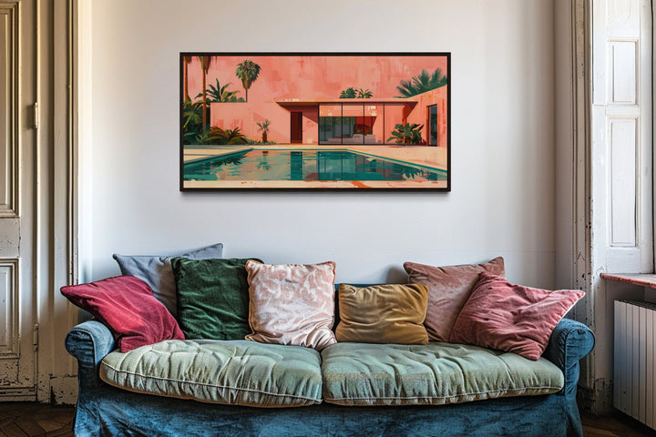 Mid Century Modern Wall Art – Retro House Print on Canvas with Green Pink Painting
