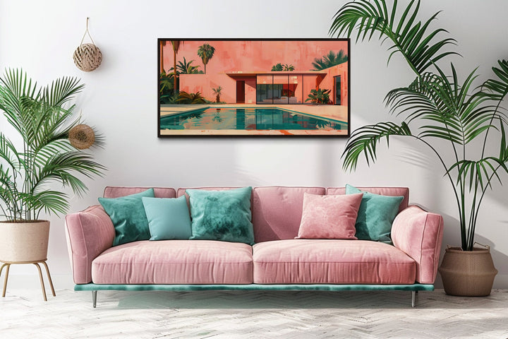 Mid Century Modern Wall Art – Retro House Print on Canvas with Green Pink Painting