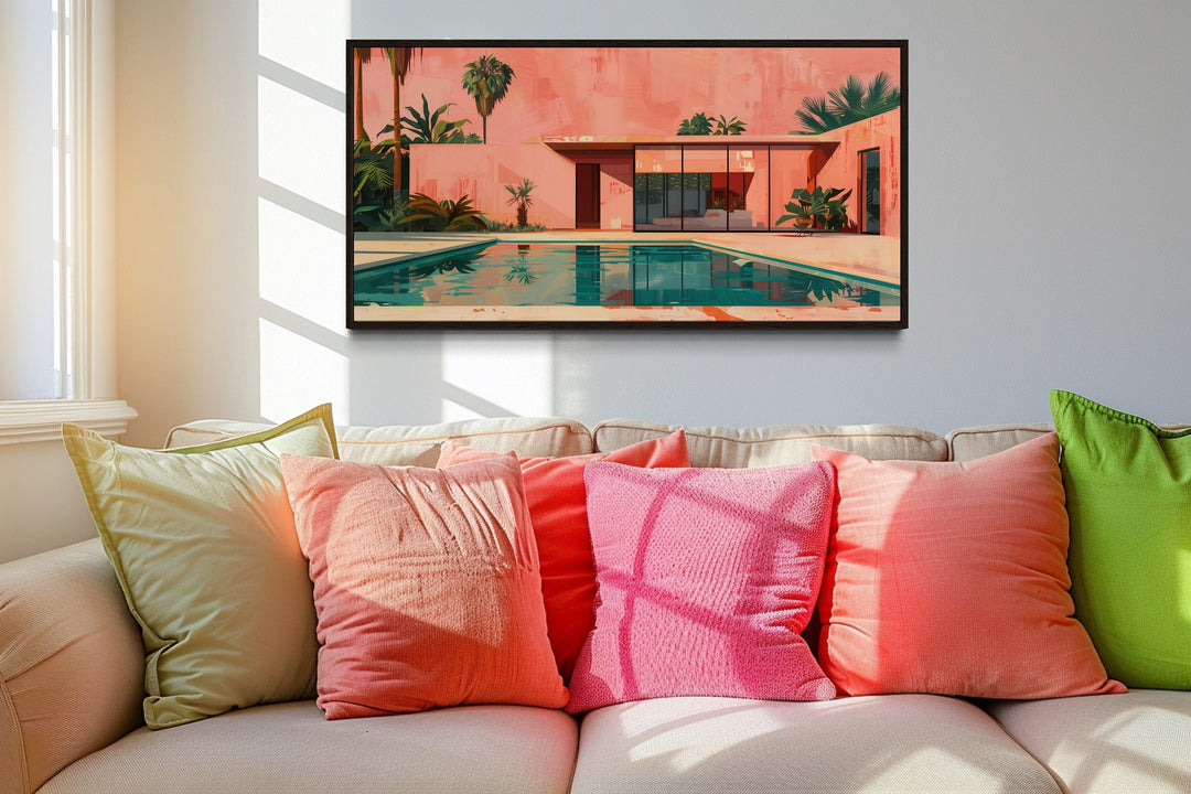 Mid Century Modern Wall Art – Retro House Print on Canvas with Green Pink Painting