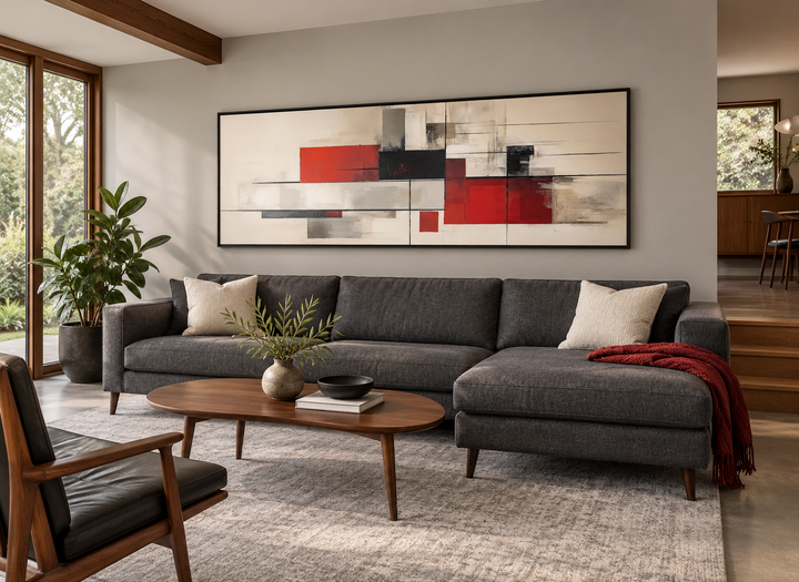 Large horizontal abstract canvas print with red, beige, and black geometric shapes on a living room.