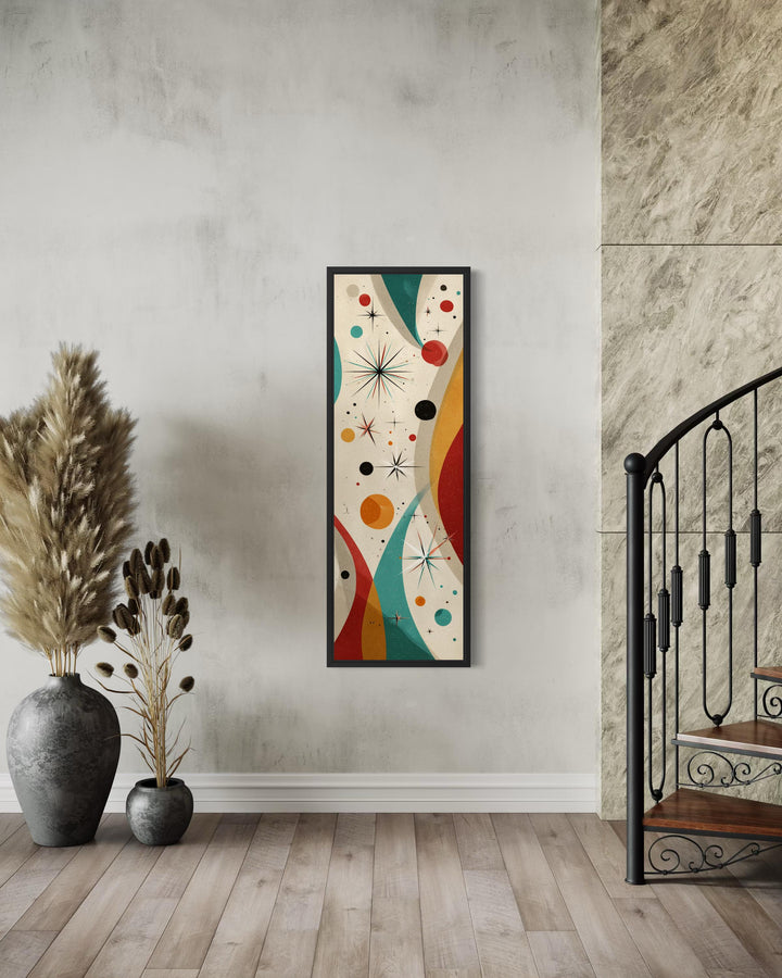 Vertical mid-century modern canvas print with retro geometric shapes and atomic starburst details.
