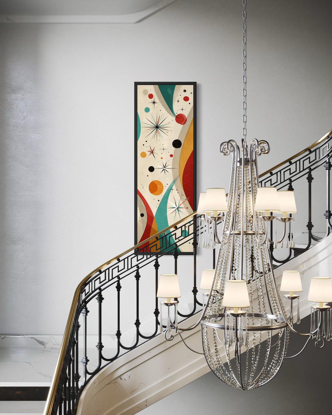 Vertical mid-century modern canvas art with retro geometric shapes hangs above a grand staircase.