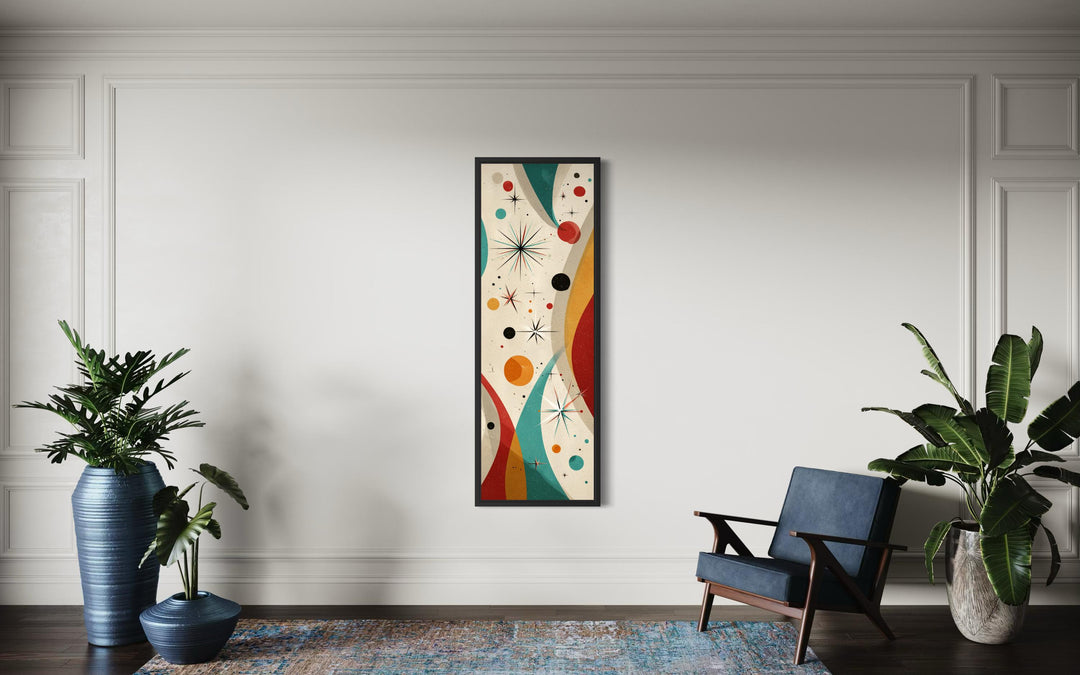 Vertical mid-century modern canvas art with retro geometric shapes and atomic details on a white wall.