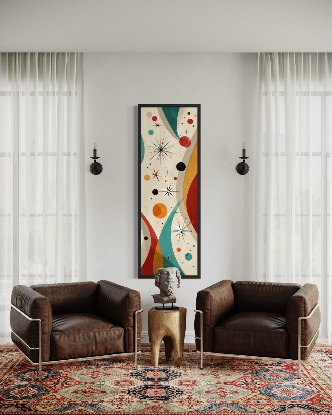 Vertical mid-century modern canvas print with retro geometric shapes and atomic starburst details.
