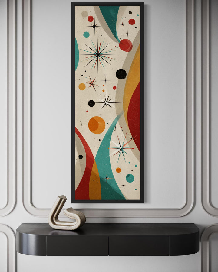 Vertical mid-century modern canvas print with retro geometric shapes and atomic starburst details.
