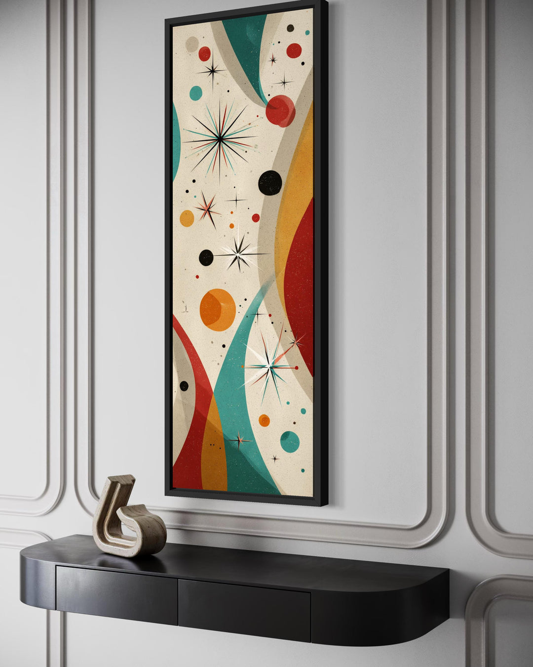 Vertical mid-century modern canvas art with retro geometric shapes and atomic details in a black frame.