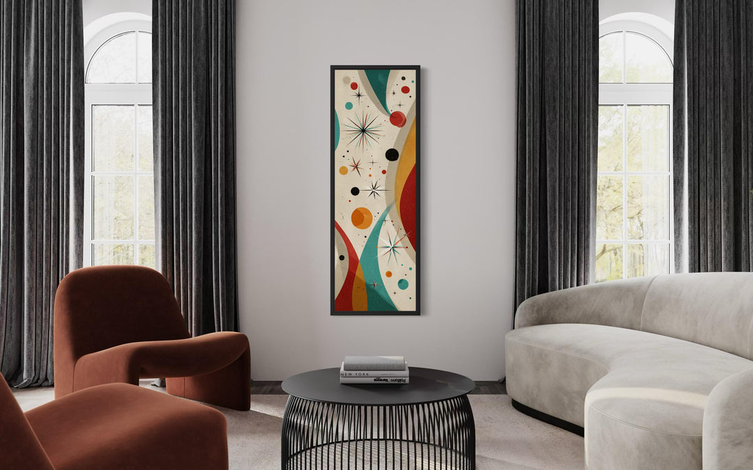Vertical mid-century modern canvas art with retro geometric shapes and atomic details on a white wall.
