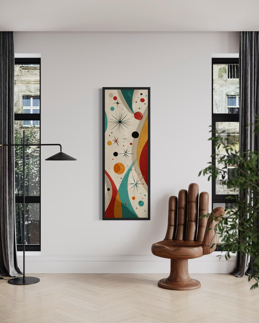Vertical mid-century modern canvas print with retro geometric shapes and atomic starburst details.